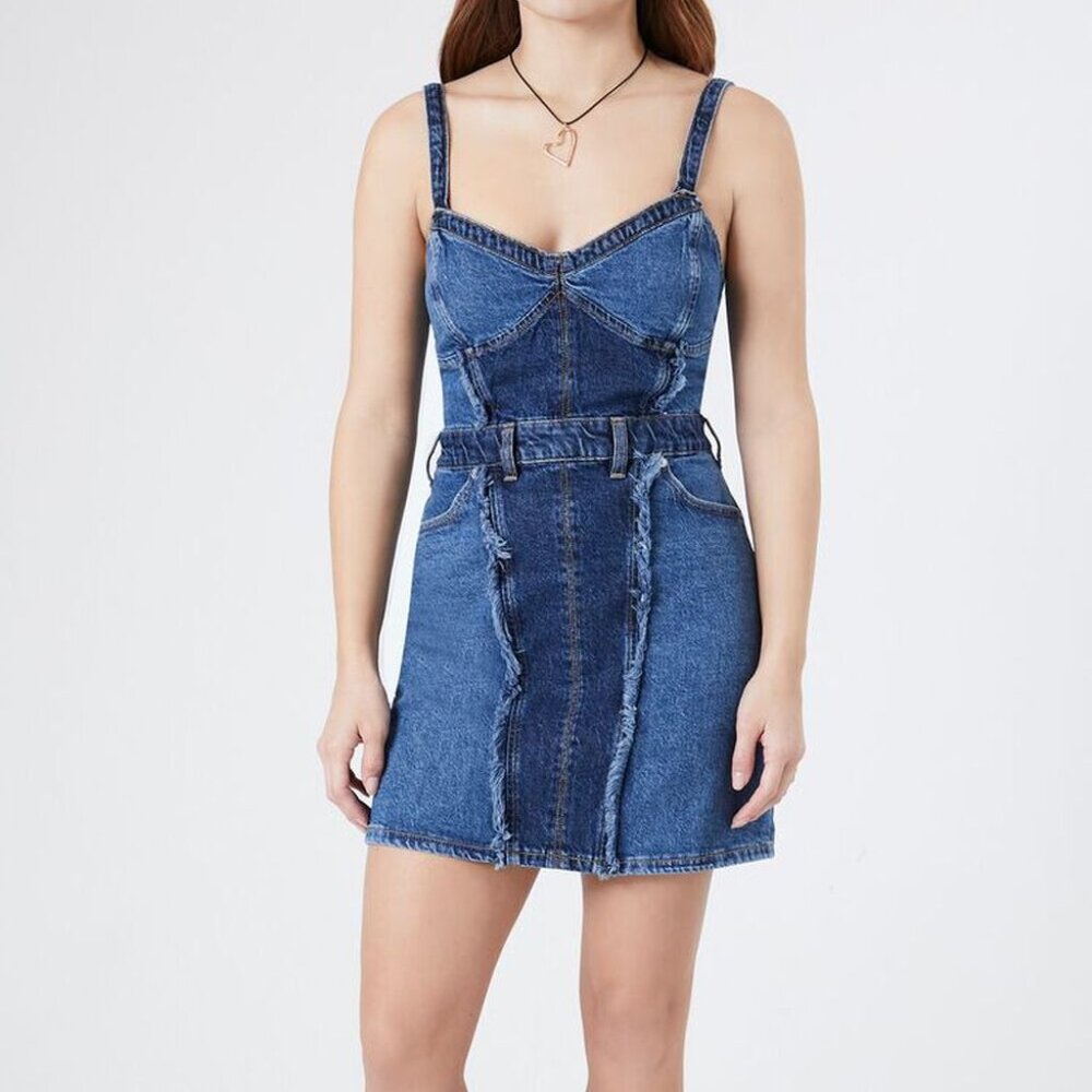NWT  FOREVER 21 Frayed Colorblock Denim Dress